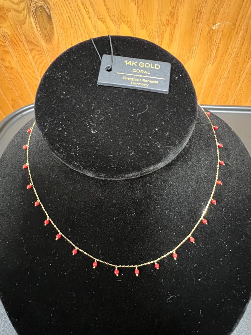 14K Yellow Gold 585 Red Coral Bead Dangle Necklace 16" Delicate Fine Jewelry